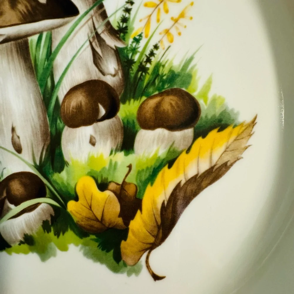 Vtg French Louise Lourioux Wild Mushroom Porcelain 11” diameter baking dish